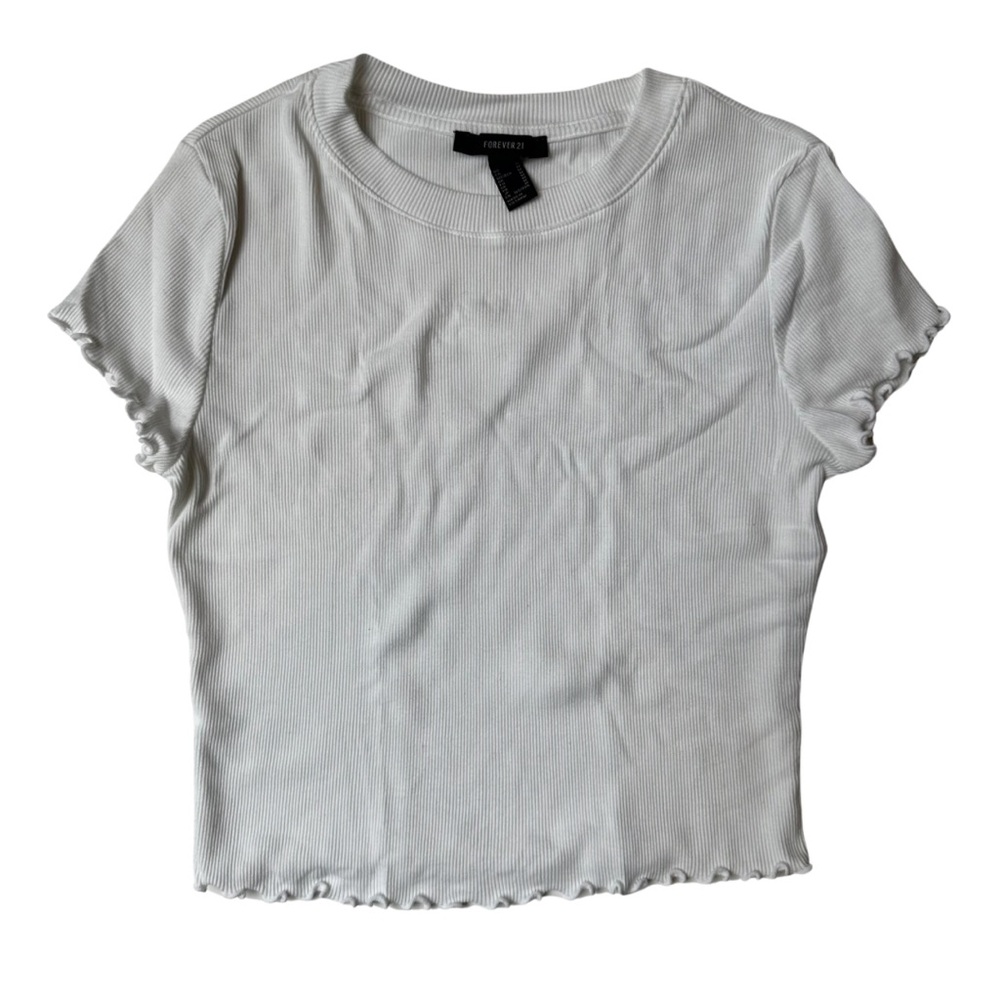 Forever 21 Cropped Ribbed Lettuce Edge T-Shirt | White